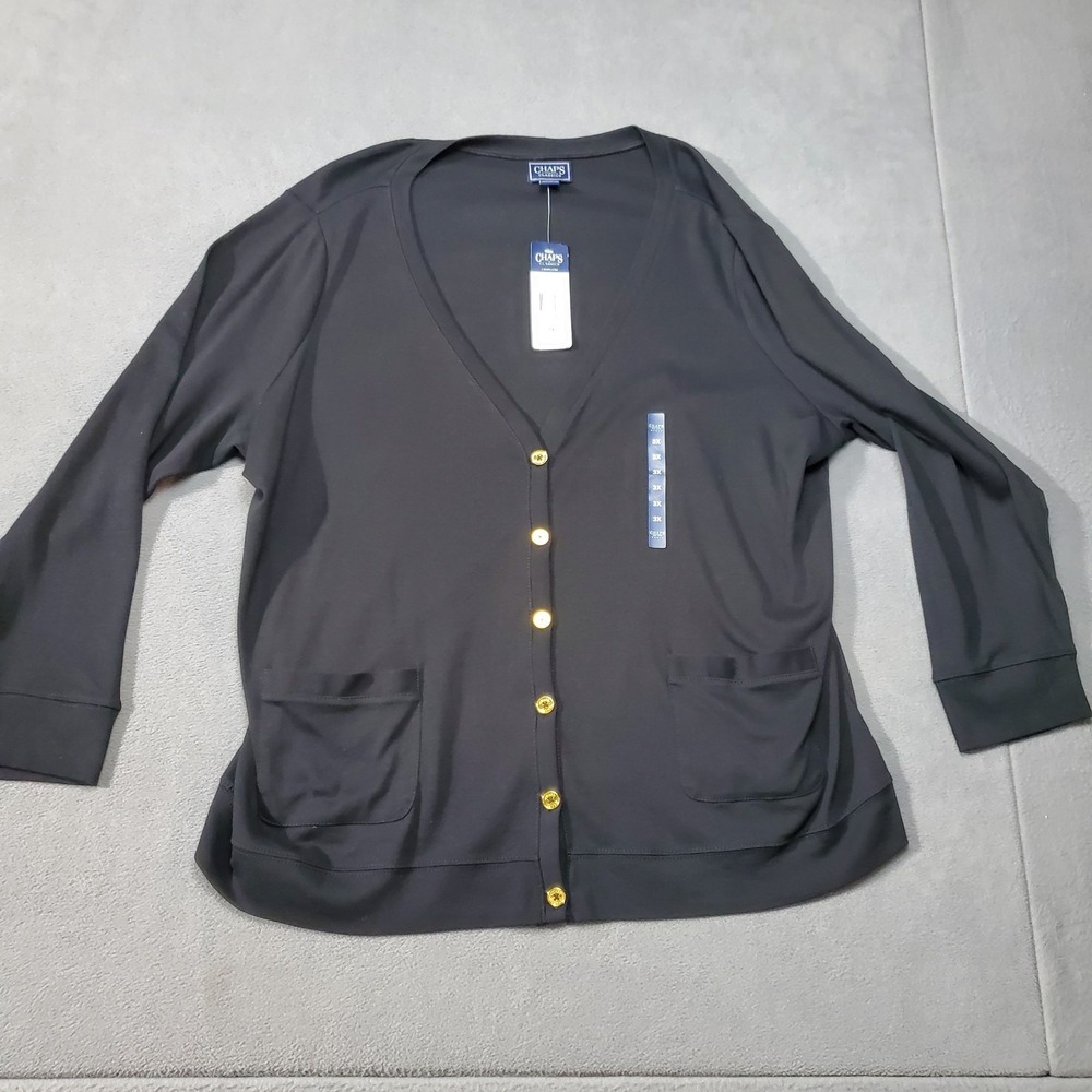Chaps Cardigan Sweater Womens 3XL Black New V-Neck Gold Button Pockets